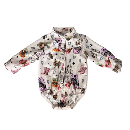 Girls Pink Vintage Cowgirl Pearl Snap Onesie or Shirt by Shea Baby