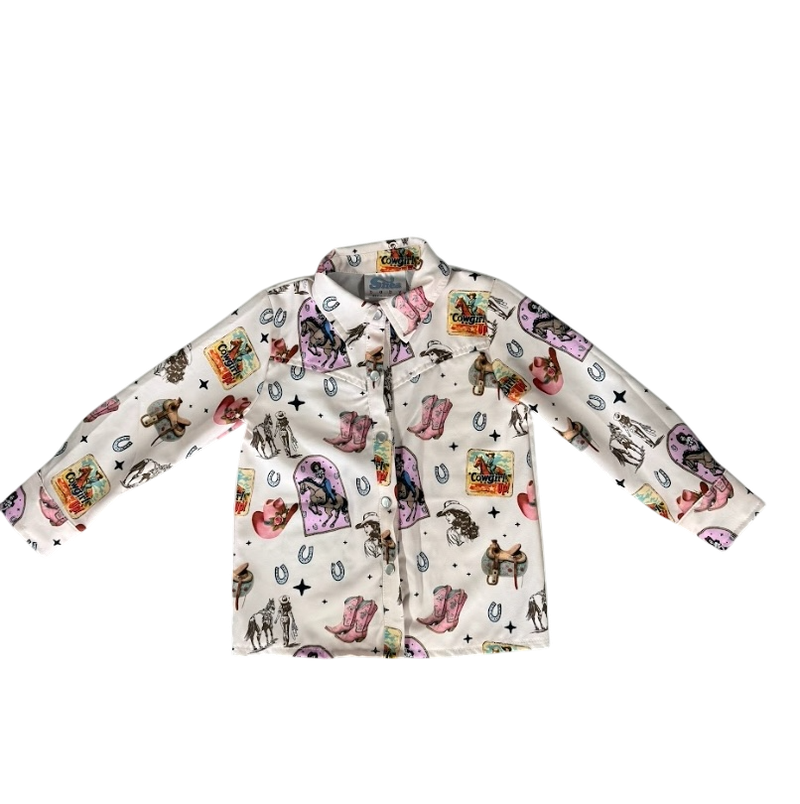 Girls Pink Vintage Cowgirl Pearl Snap Onesie or Shirt by Shea Baby