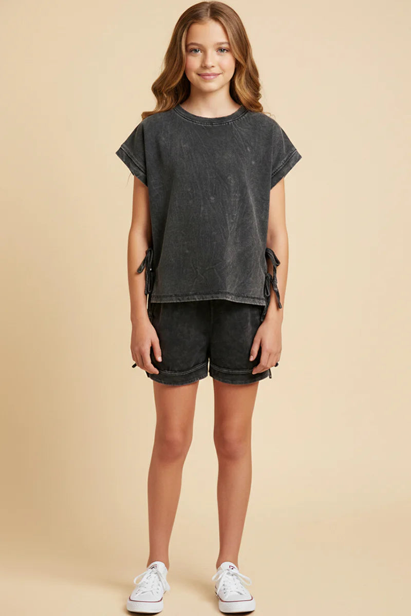 Girls Washed Side Bow Detail Knit Shorts-Black