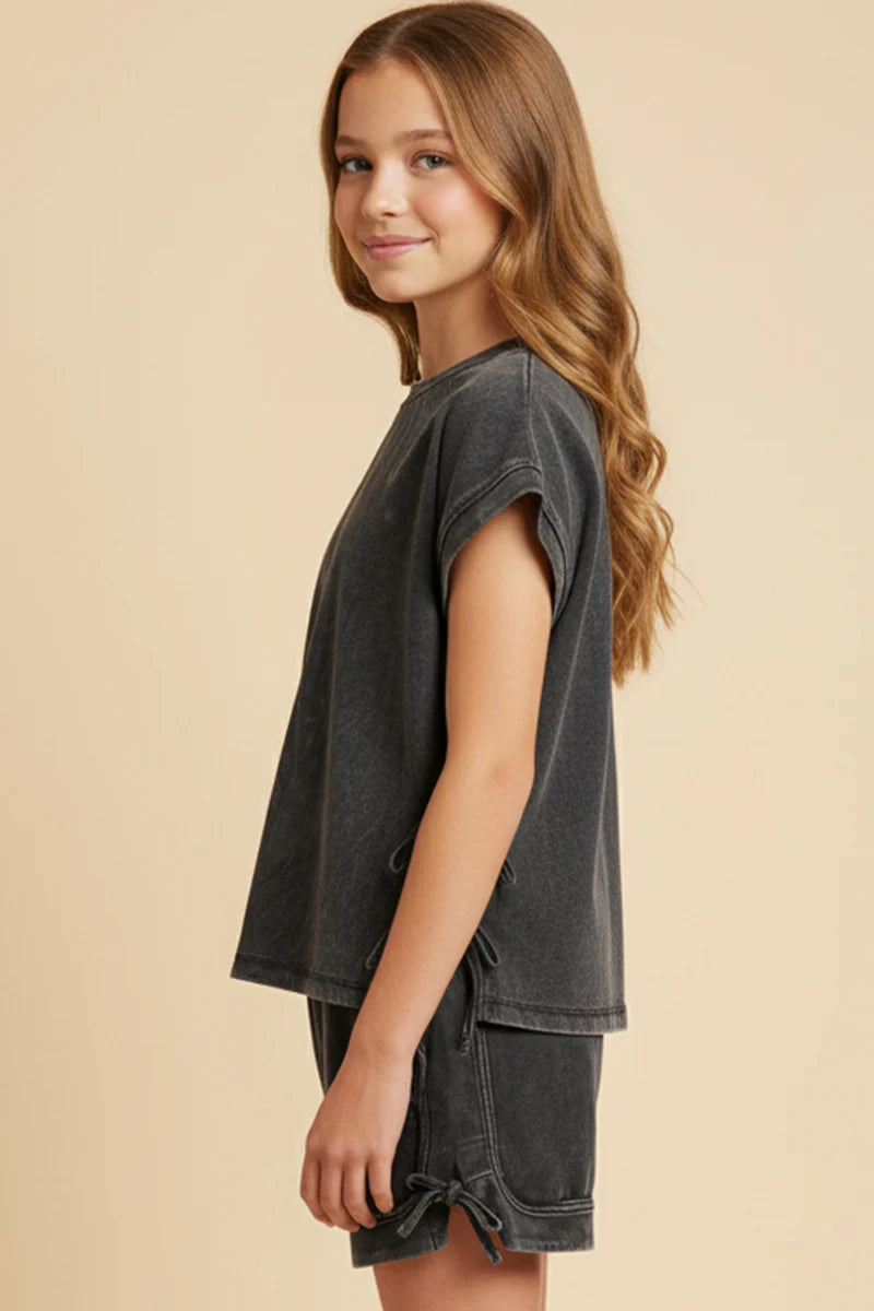 Girls Washed Side Bow Detail Knit Top-Black