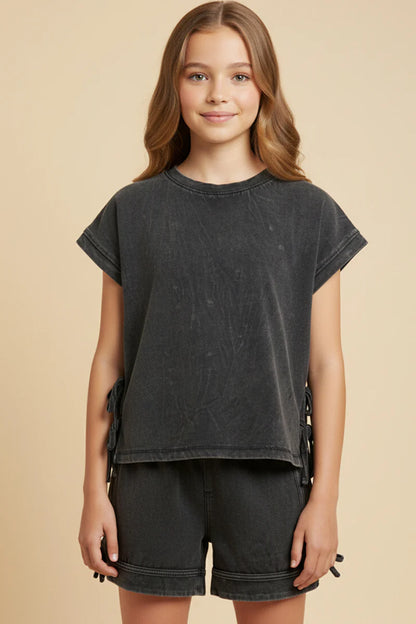 Girls Washed Side Bow Detail Knit Top-Black