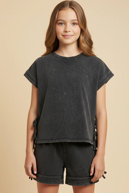 Girls Washed Side Bow Detail Knit Top-Black