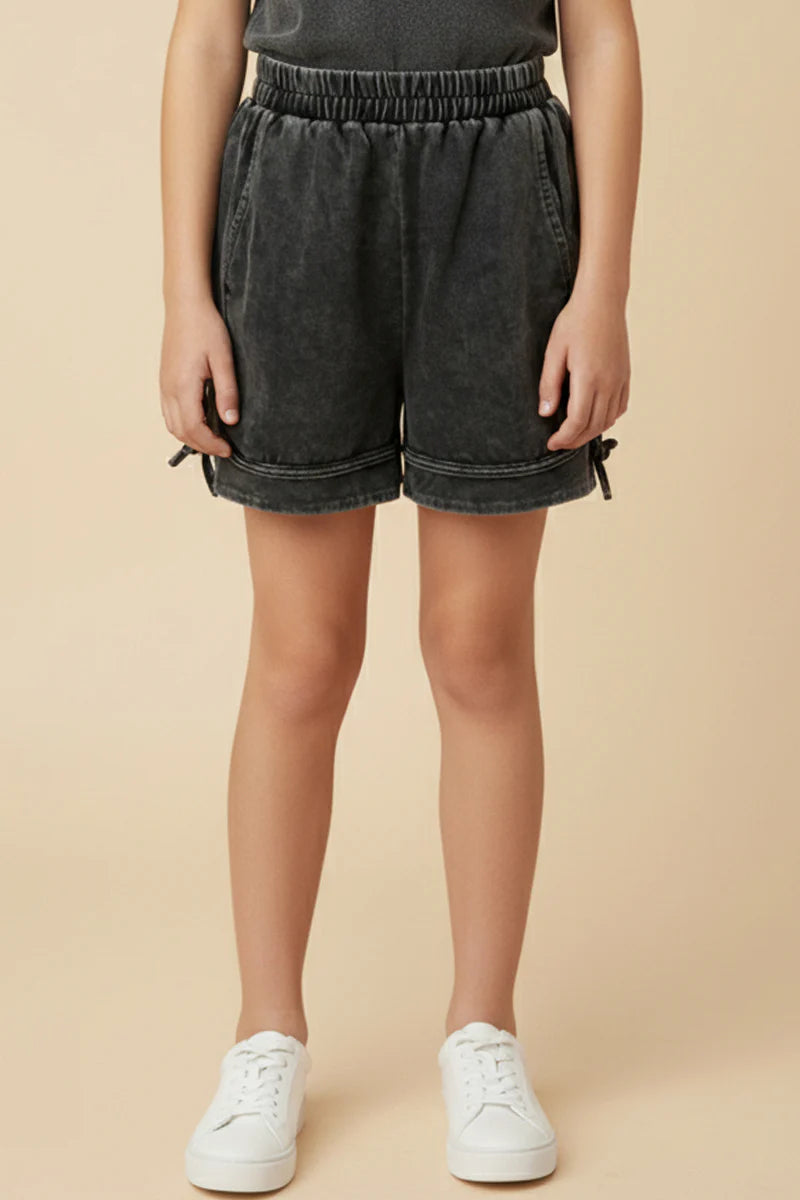 Girls Washed Side Bow Detail Knit Shorts-Black