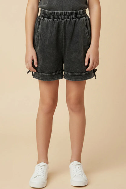 Girls Washed Side Bow Detail Knit Shorts-Black
