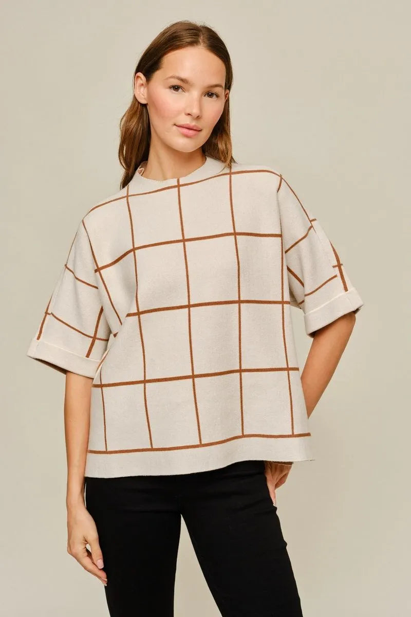 Ladies Drop Shoulder Grid Pattern Sweater With Side Slit-Cream