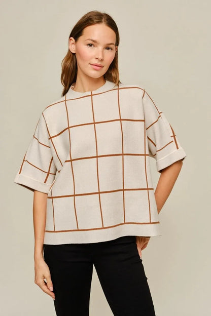 Ladies Drop Shoulder Grid Pattern Sweater With Side Slit-Cream