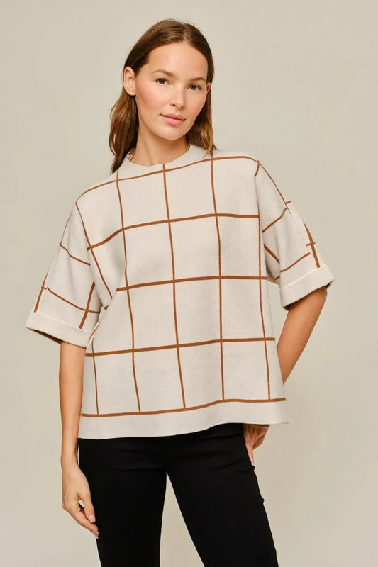 Ladies Drop Shoulder Grid Pattern Sweater With Side Slit-Cream