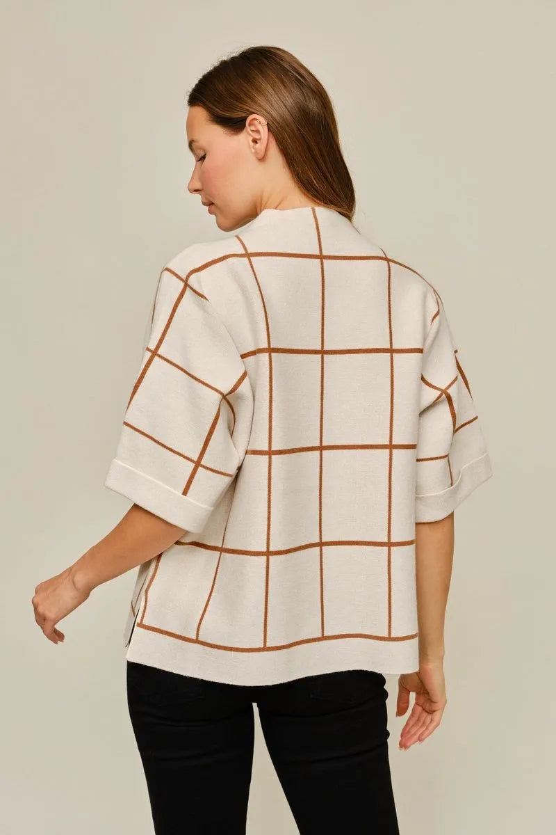 Ladies Drop Shoulder Grid Pattern Sweater With Side Slit-Cream
