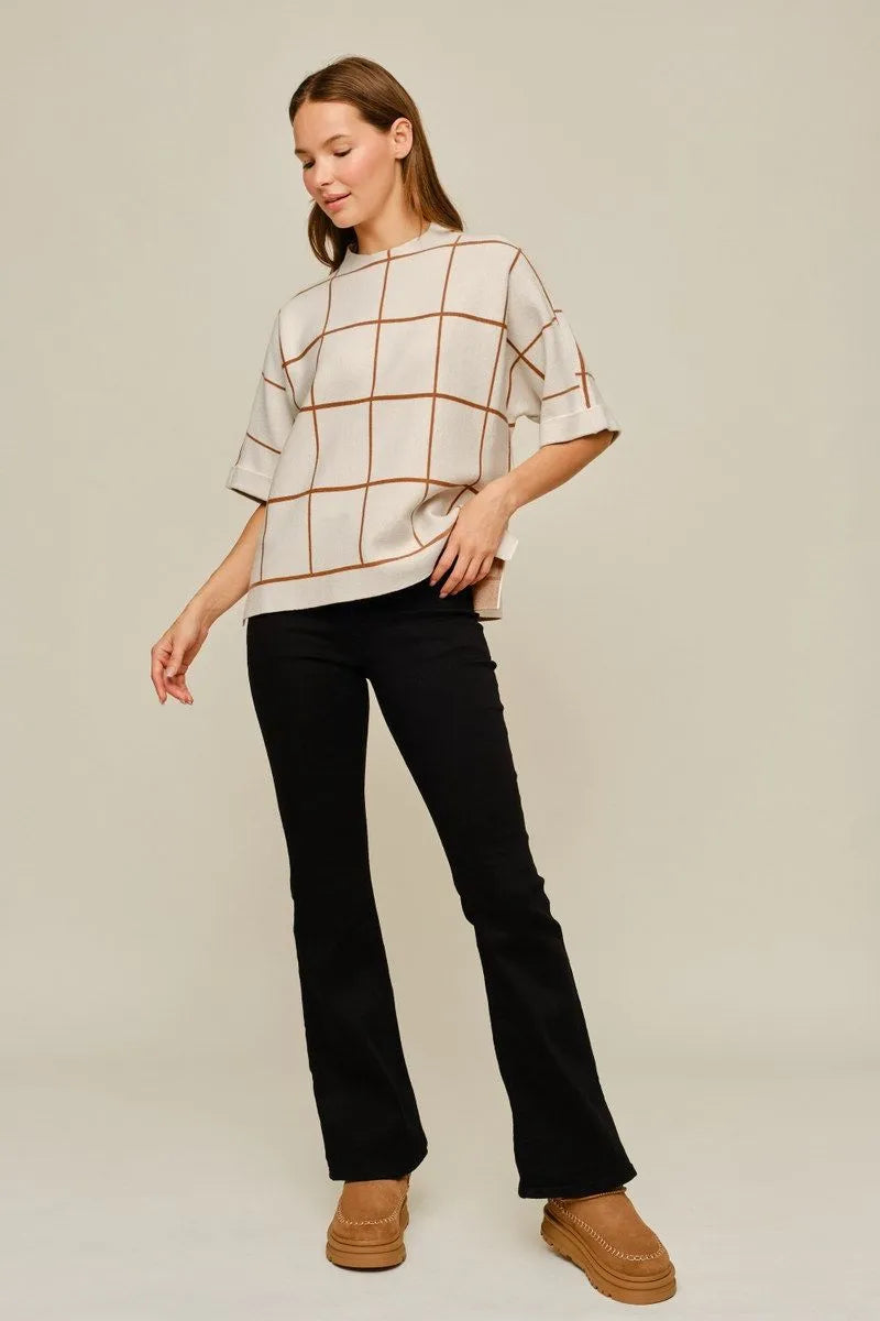 Ladies Drop Shoulder Grid Pattern Sweater With Side Slit-Cream