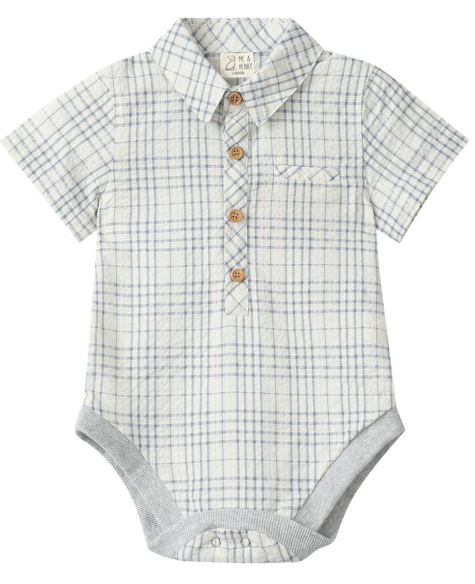 Boys Helford Chambray and Cream Plaid Woven Onesie by Me & Henry