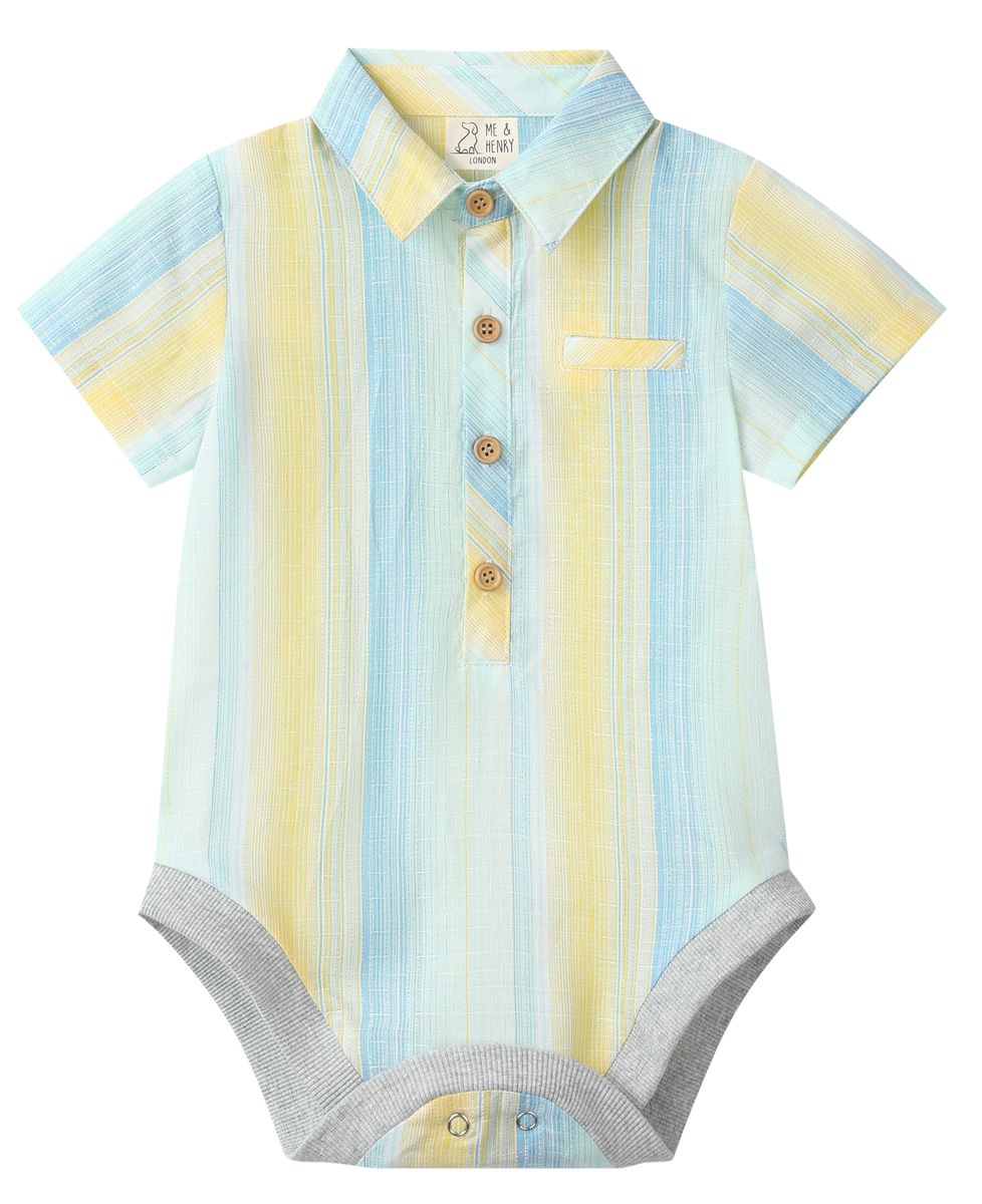 Boys Helford Lemon and Blue Stripe Woven Onesie by Me & Henry