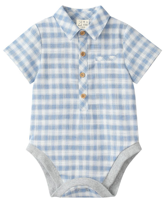 Boys Helford Blue and White Plaid Woven Onesie by Me & Henry