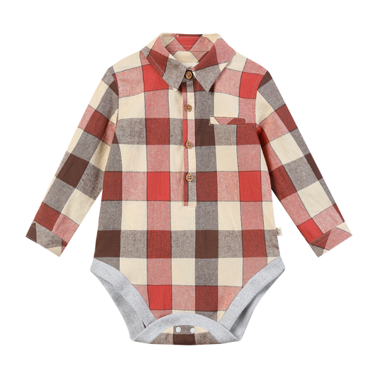 Boys Rust/Cream Large Plaid Jasper Woven Onesie by Me & Henry
