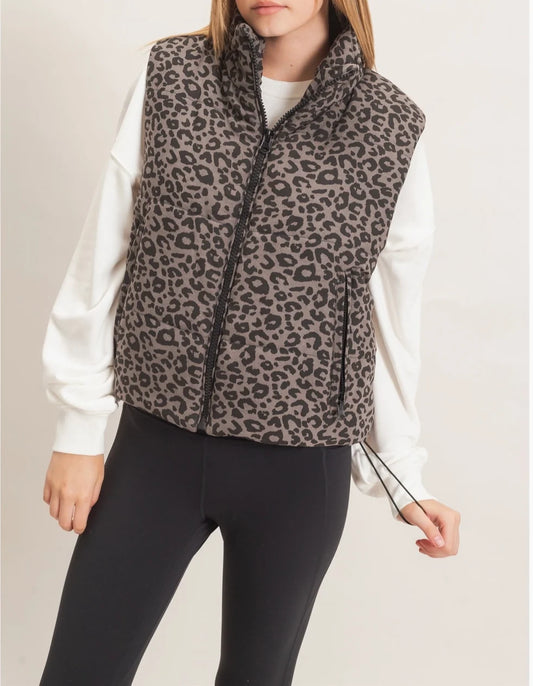 Ladies Leopard Quilted Zip Up Puffer Vest-Black