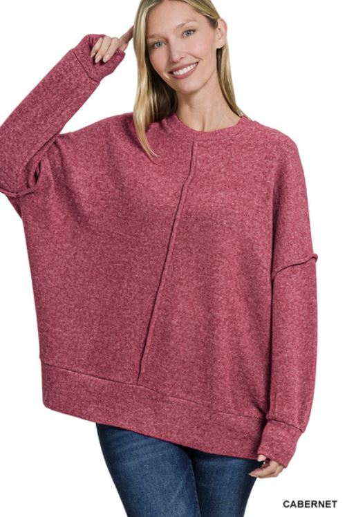 Ladies Brushed Melange Hacci Oversized Sweater-Cabernet