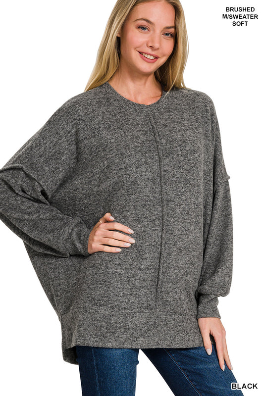 Ladies Brushed Melange Hacci Oversized Sweater-Black