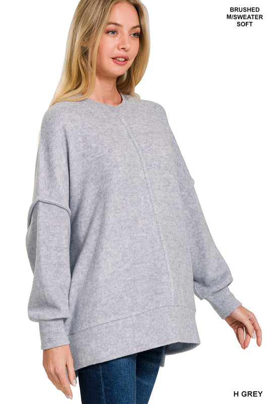 Ladies Brushed Melange Hacci Oversized Sweater-Heather Grey