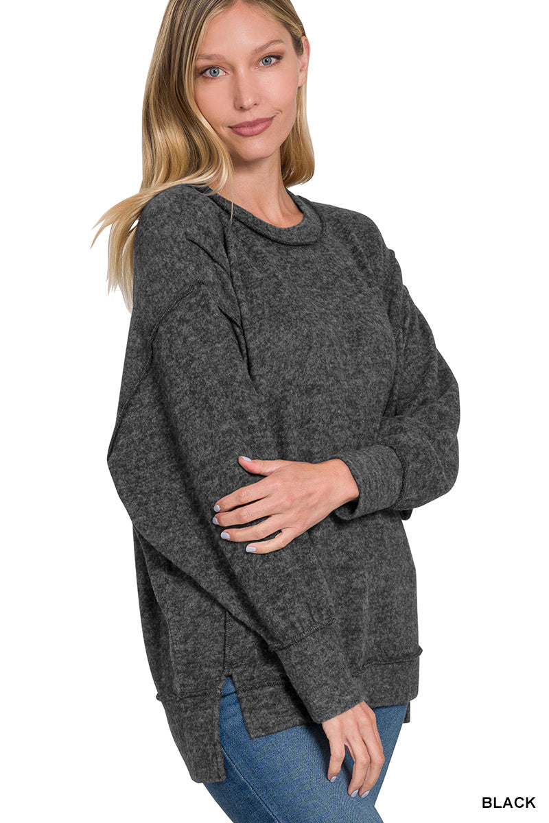 Ladies Zenana Brushed Melange Hacci Oversized Sweater-Black