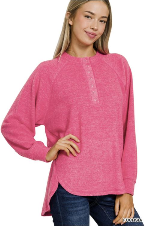 Ladies Zenana Brushed Melange Hacci Oversized 7-Button Henley Placket Sweater-Fuchsia