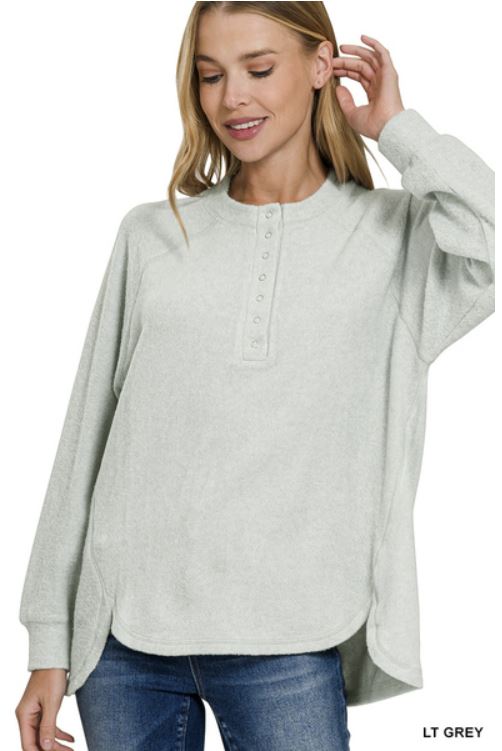 Ladies Zenana Brushed Melange Hacci Oversized 7-Button Henley Placket Sweater-Light Grey