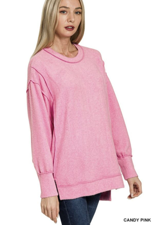 Ladies Zenana Brushed Melange Hacci Oversized Sweater-Candy Pink