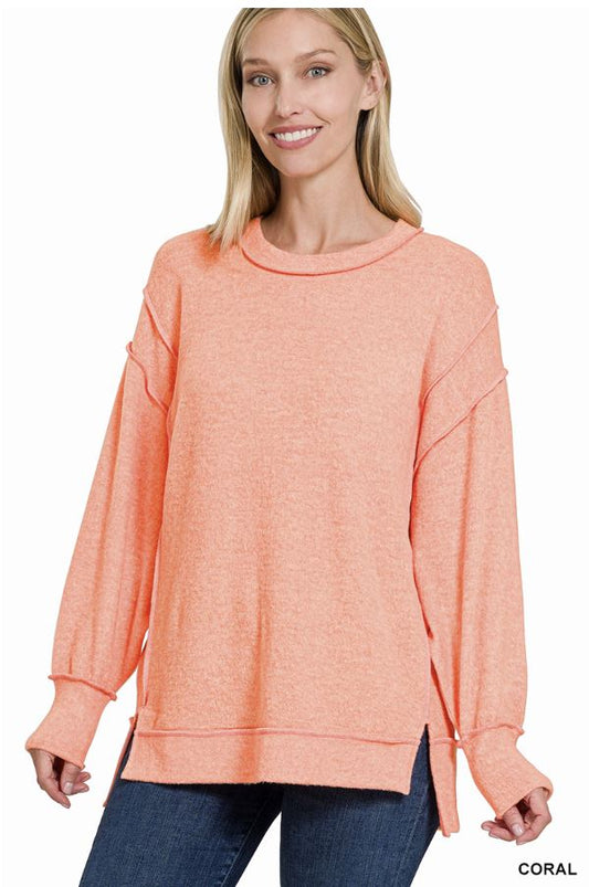 Ladies Zenana Brushed Melange Hacci Oversized Sweater-Coral