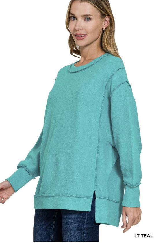 Ladies Zenana Brushed Melange Hacci Oversized Sweater-Light Teal