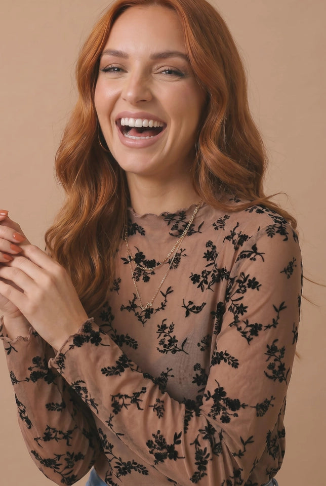Velvet Flocking Floral Mesh Top-Mocha