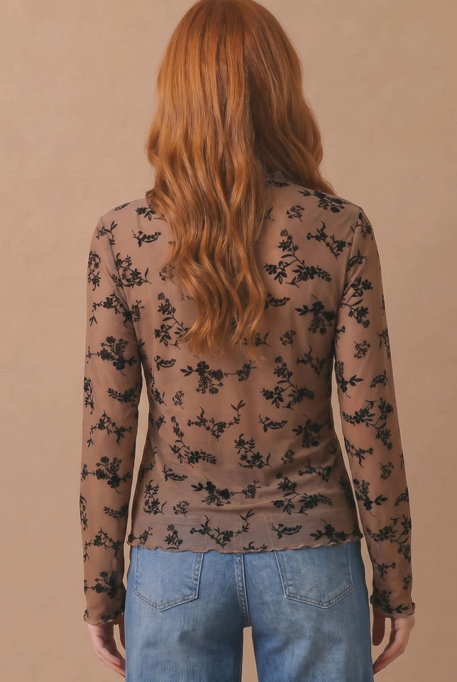 Velvet Flocking Floral Mesh Top-Mocha