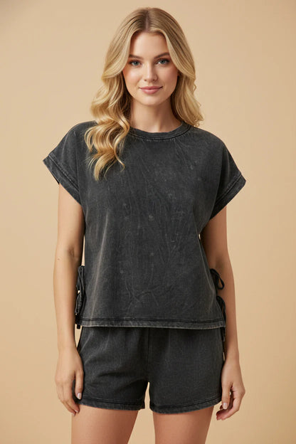 Ladies Washed Side Bow Detail Knit Top-Black