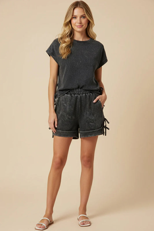 Ladies Washed Side Bow Detail Knit Shorts-Black