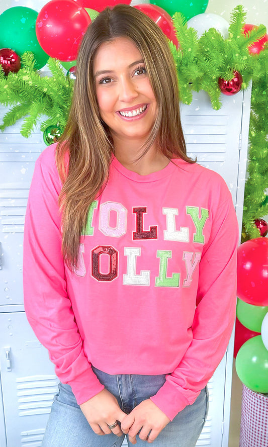 Ladies Holly Jolly Sequin Christmas Graphic Long Sleeve T-Shirt - Safety Pink