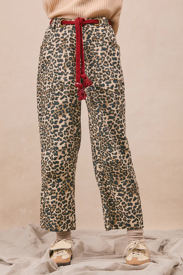 Ladies Bibi Braided Waist Belt Patch Leopard Print Pants - Leopard/Red