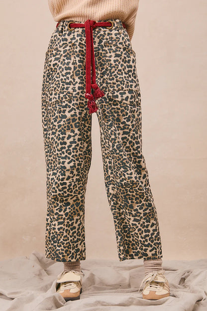 Ladies Bibi Braided Waist Belt Patch Leopard Print Pants - Leopard/Red