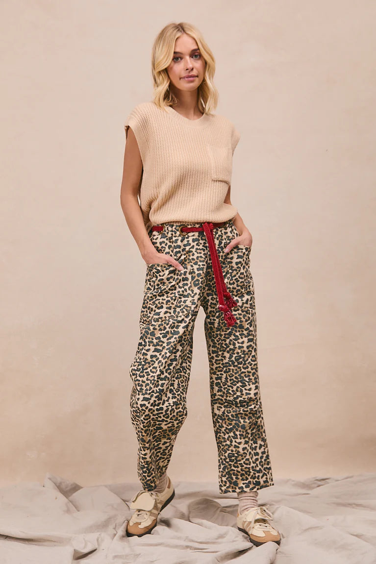 Ladies Bibi Braided Waist Belt Patch Leopard Print Pants - Leopard/Red