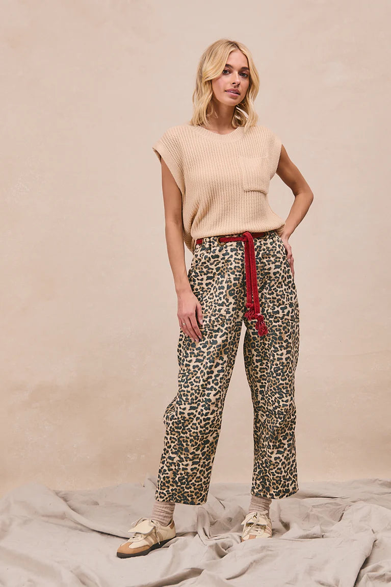 Ladies Bibi Braided Waist Belt Patch Leopard Print Pants - Leopard/Red