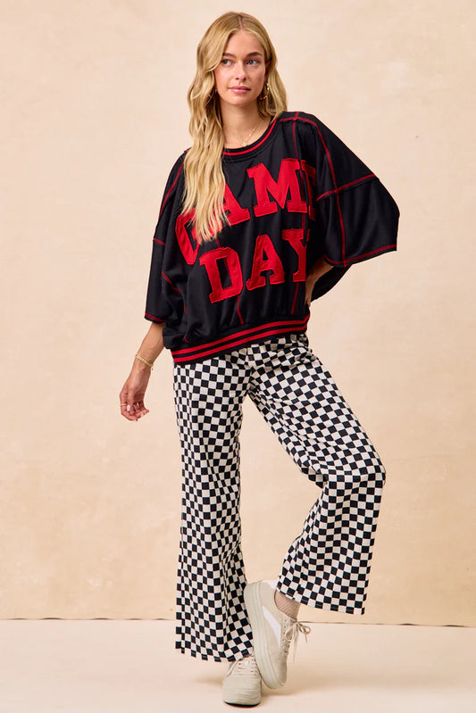 Ladies Bibi Game Day Theme Plaid Printed Pants-Black