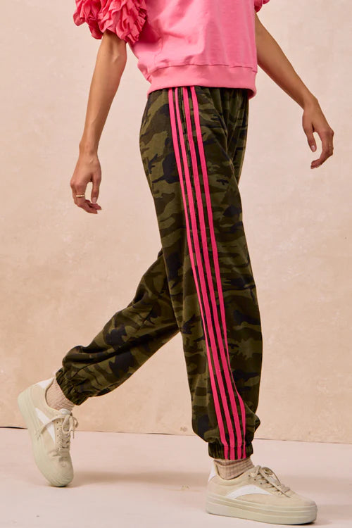 Ladies Bibi Sidelines Camouflage Track Pants-Camo/Neon Pink