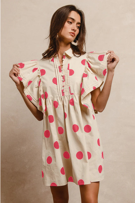 Ladies Dot Print Woven Ruffled Sleeves Button Up Dress-Ivory/Pink