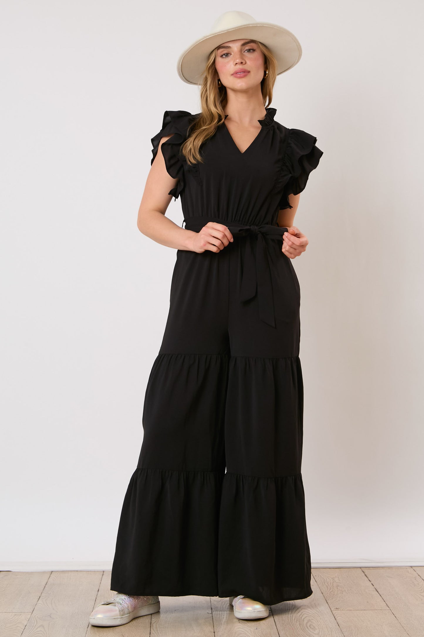 Ladies Airflow Woven Jumpsuit with Shoulder Ruffles and Ribbon Belt by Peach Love CA