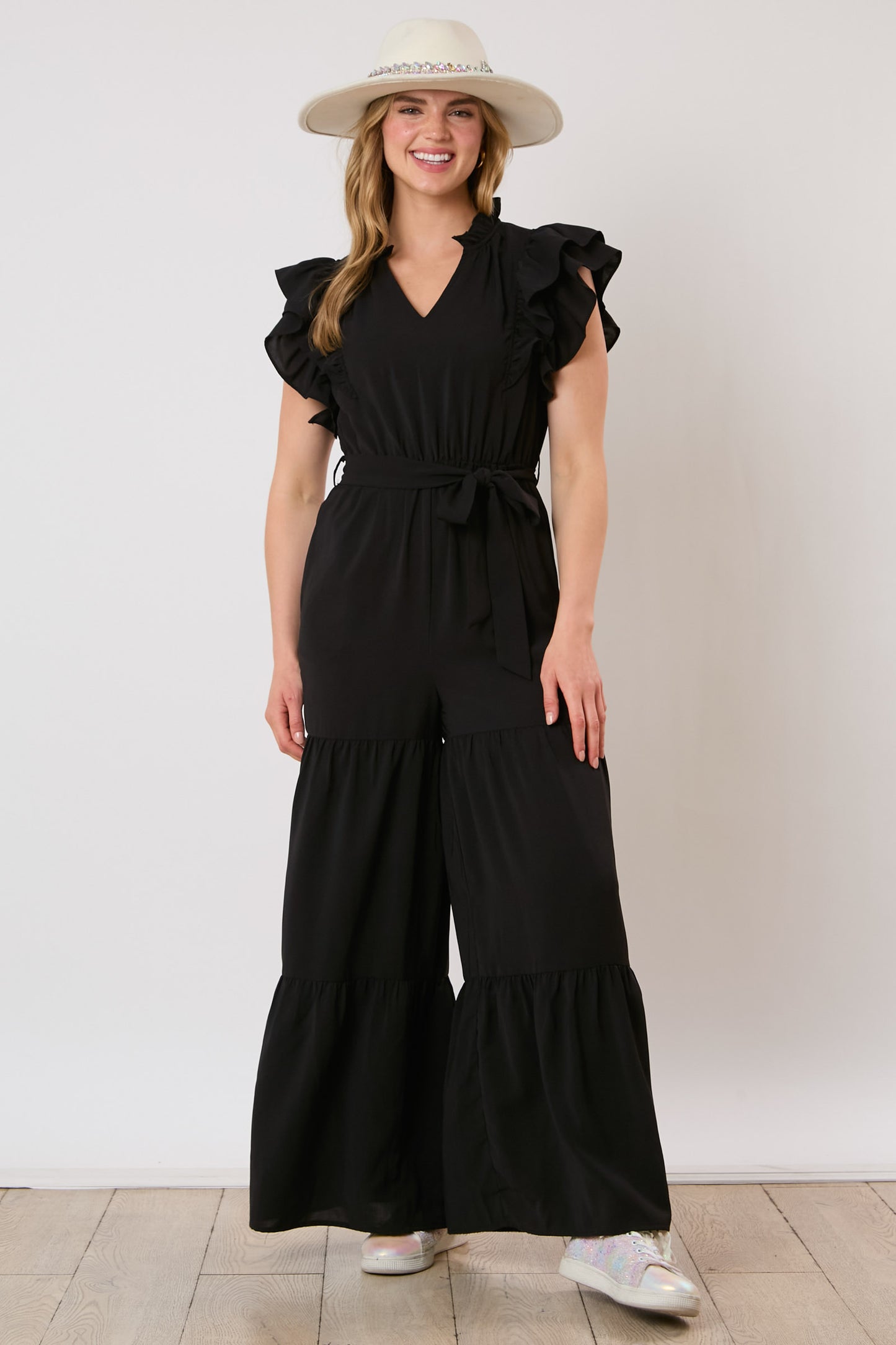 Ladies Airflow Woven Jumpsuit with Shoulder Ruffles and Ribbon Belt by Peach Love CA