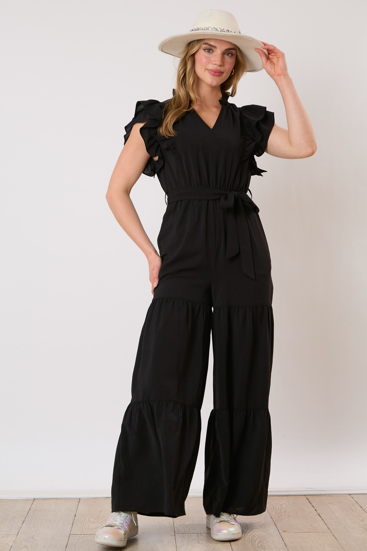 Ladies Airflow Woven Jumpsuit with Shoulder Ruffles and Ribbon Belt by Peach Love CA