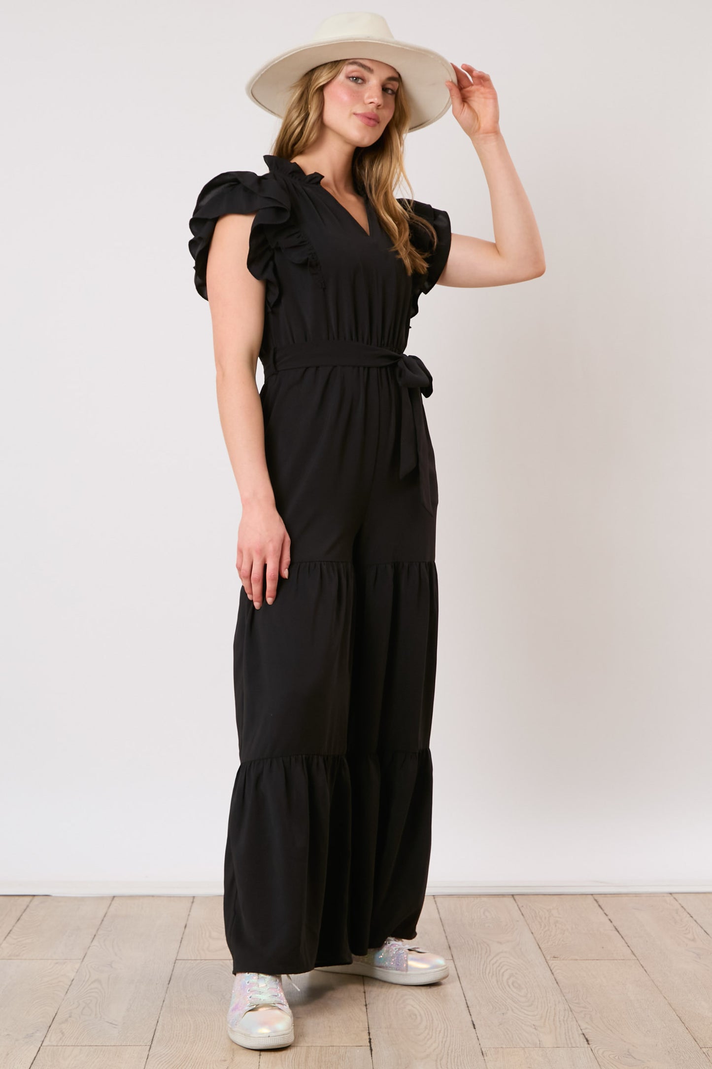 Ladies Airflow Woven Jumpsuit with Shoulder Ruffles and Ribbon Belt by Peach Love CA