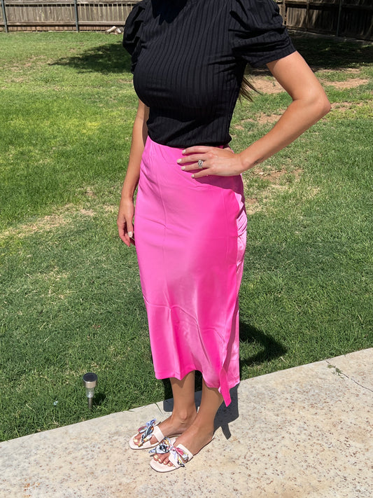 Ladies Medium Weight Satin Midi Skirt with Side Slit and Side Zipper by Umgee