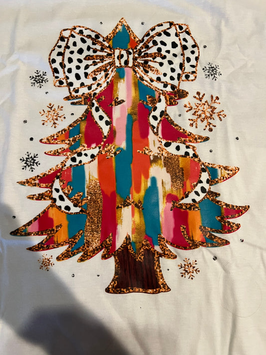 Ladies Watercolor Christmas Tree Crewneck Tee-White