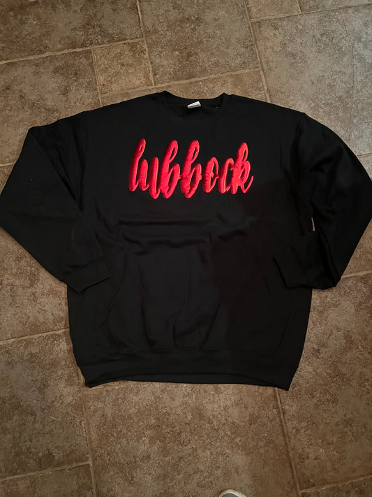 Ladies Black Sweatshirt With Red Metallic Puff-Lubbock