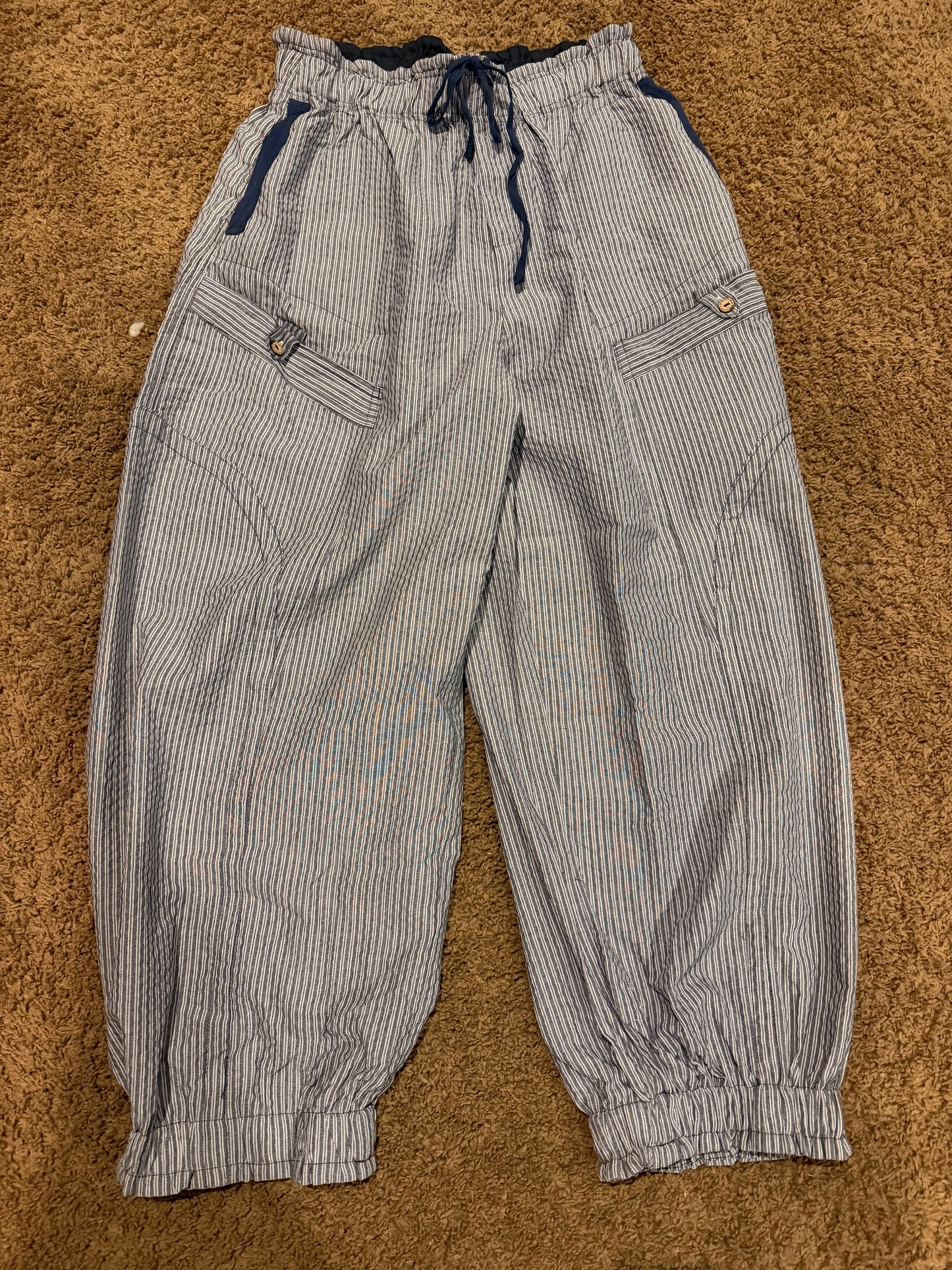 Ladies Striped Gathered Ankle Parachute Pants with Drawstring and Pockets-Navy Mix