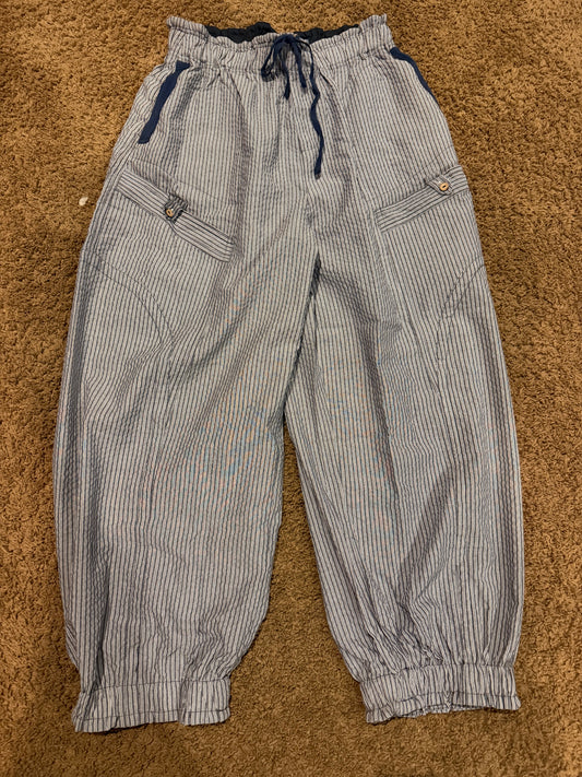 Ladies Striped Gathered Ankle Parachute Pants with Drawstring and Pockets-Navy Mix