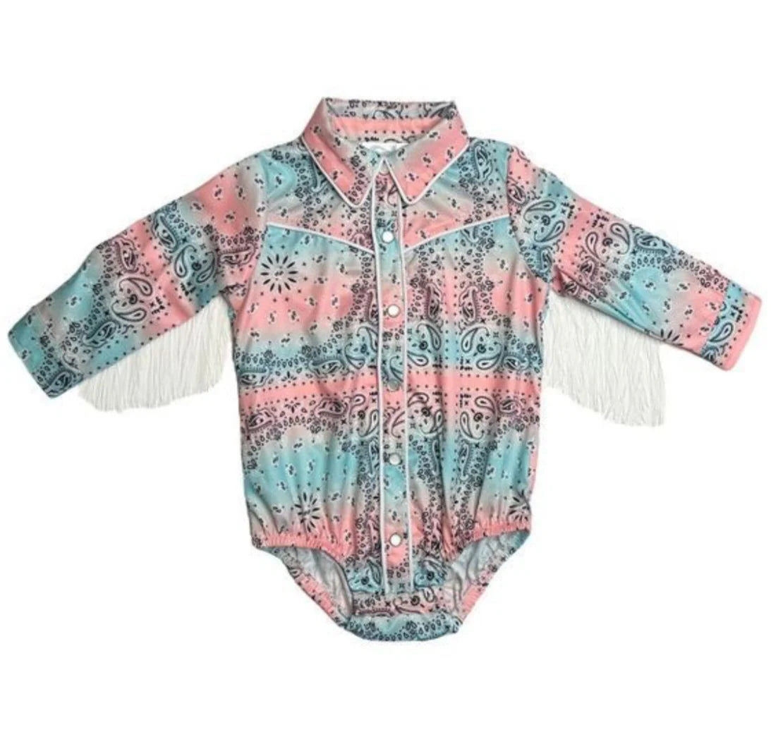 Girls Pastel Paisley Fringe Pearl Snap Onesie or Shirt by Shea Baby