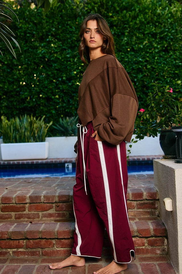 Ladies Windbreaker Pants With Contrast Stripe-Burgundy/White